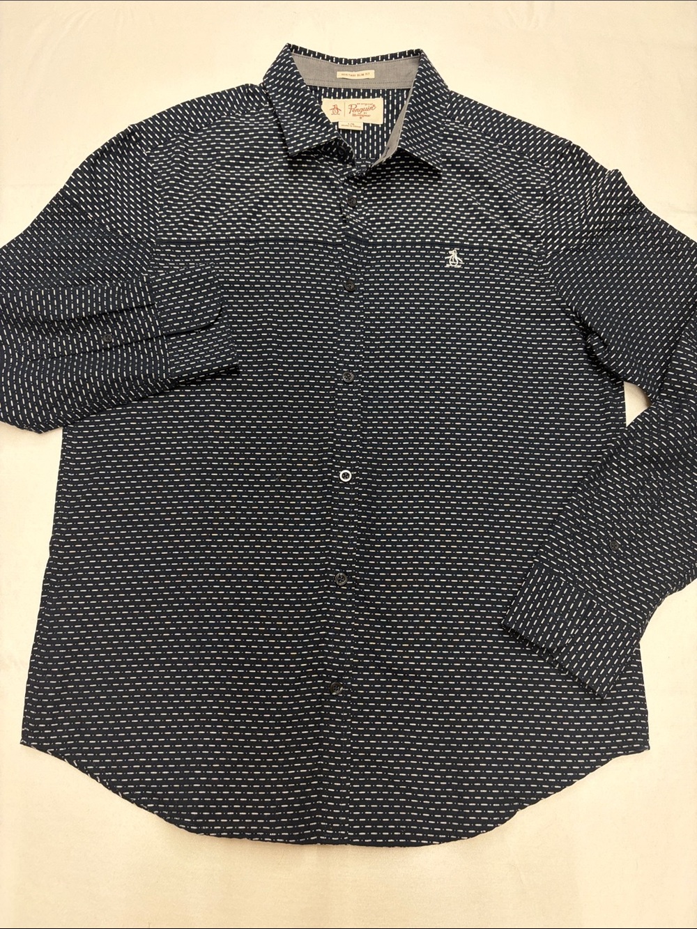 Original Penguin Navy Micro-Pattern Heritage Slim Fit Button-Down Shirt Sz L